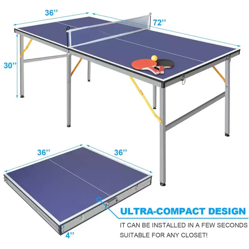 Professional Outdoor Table Tennis Table, 6x3FT Portable Ping Pong Table with Net, Paddles & Balls