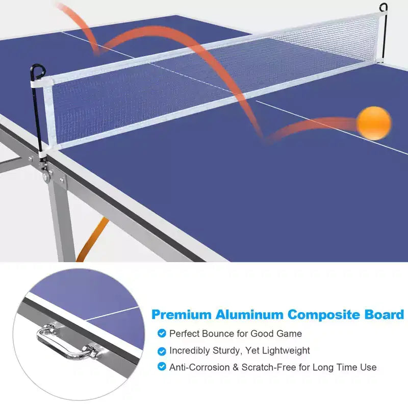 Professional Outdoor Table Tennis Table, 6x3FT Portable Ping Pong Table with Net, Paddles & Balls