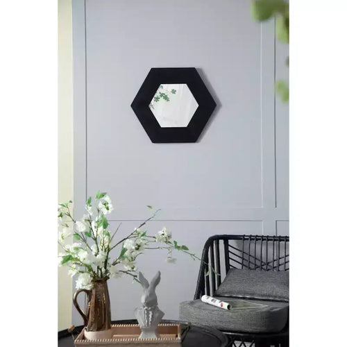 18.5 x 18.5 Hexagon Wall Mirror with Solid Wood Frame, Wall Decor for Living Room Bathroom Hallway, Black