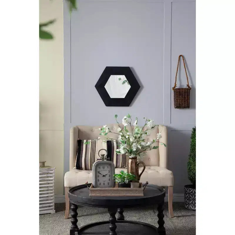 18.5 x 18.5 Hexagon Wall Mirror with Solid Wood Frame, Wall Decor for Living Room Bathroom Hallway, Black