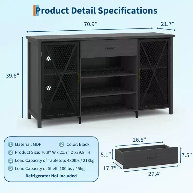 71 Inch Long Coffee Bar Cabinet with Fridge Space, Wood Metal Large Wine Liquor Cabinet with Rack for Dining Room- Black