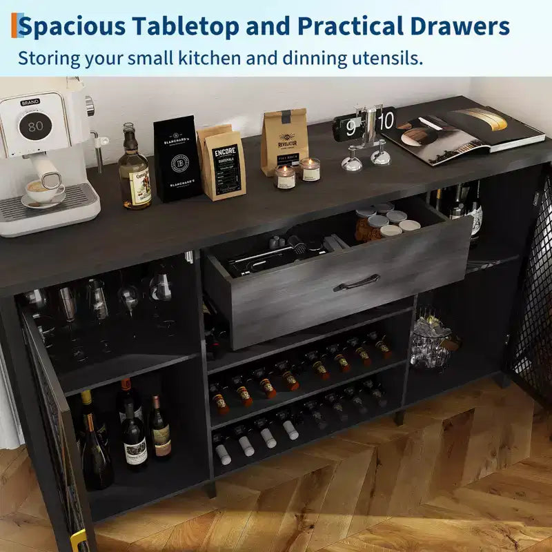 71 Inch Long Coffee Bar Cabinet with Fridge Space, Wood Metal Large Wine Liquor Cabinet with Rack for Dining Room- Black