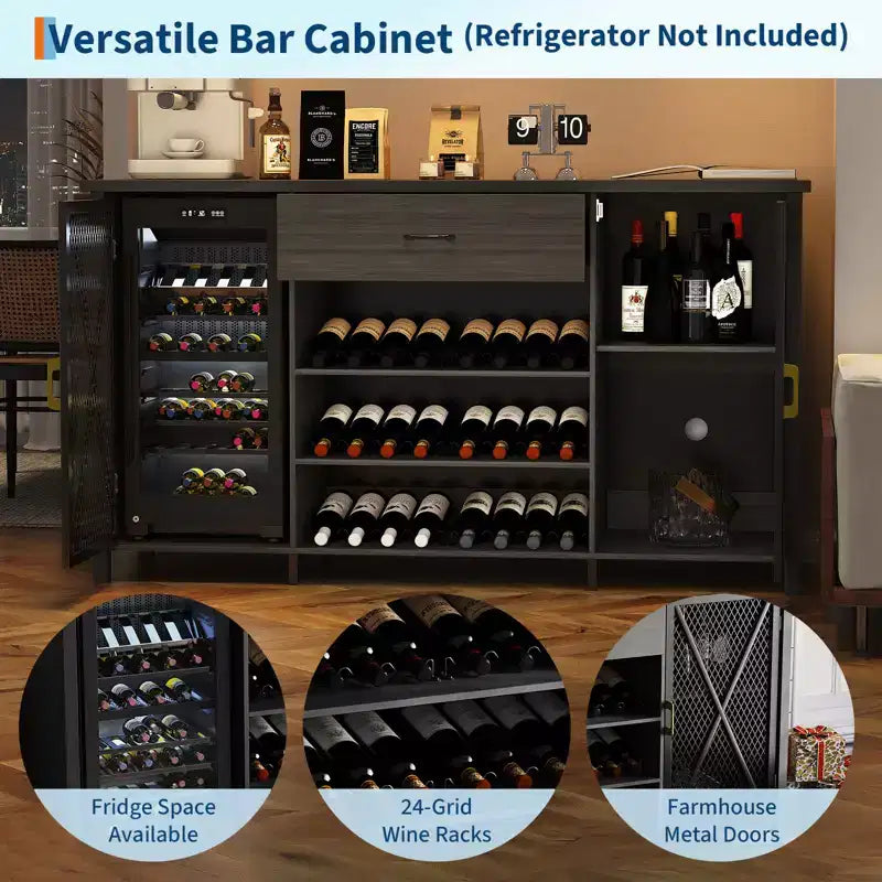 71 Inch Long Coffee Bar Cabinet with Fridge Space, Wood Metal Large Wine Liquor Cabinet with Rack for Dining Room- Black