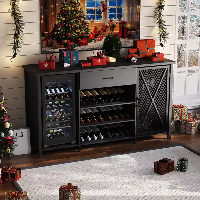71 Inch Long Coffee Bar Cabinet with Fridge Space, Wood Metal Large Wine Liquor Cabinet with Rack for Dining Room- Black