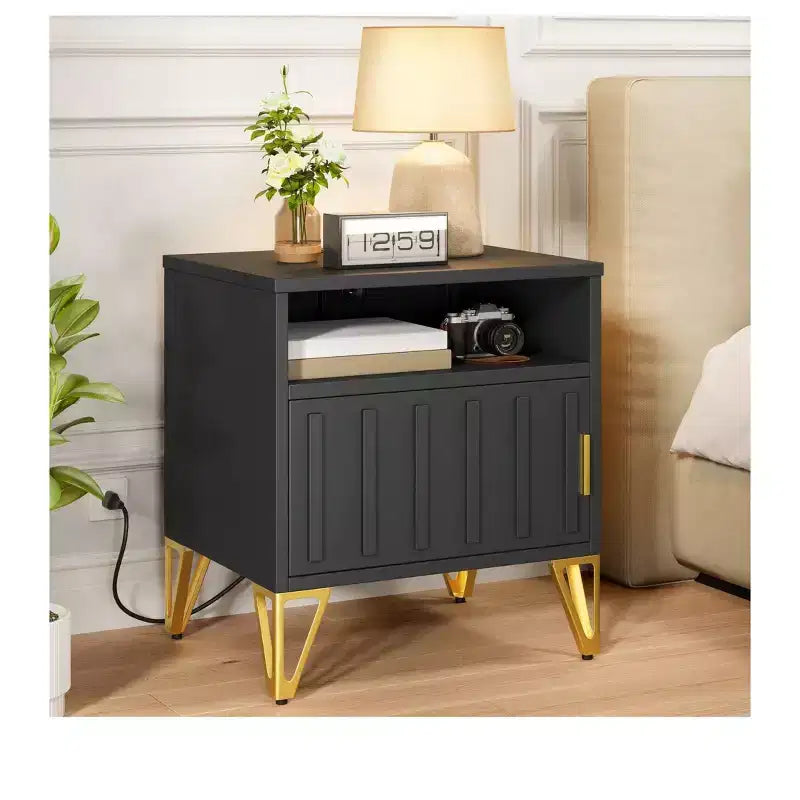 Modern Black Nightstands with Charging Station - Compact Bedside Tables for Living Room or Bedroom
