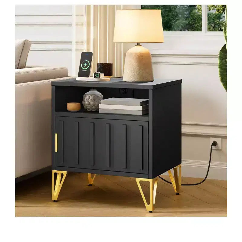 Modern Black Nightstands with Charging Station - Compact Bedside Tables for Living Room or Bedroom