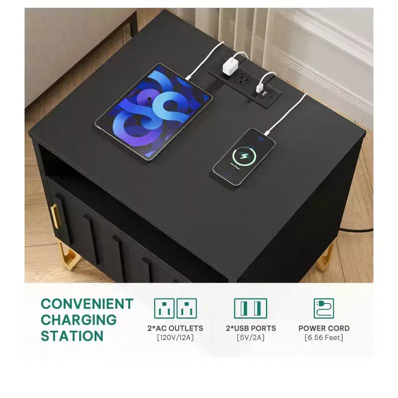 Modern Black Nightstands with Charging Station - Compact Bedside Tables for Living Room or Bedroom