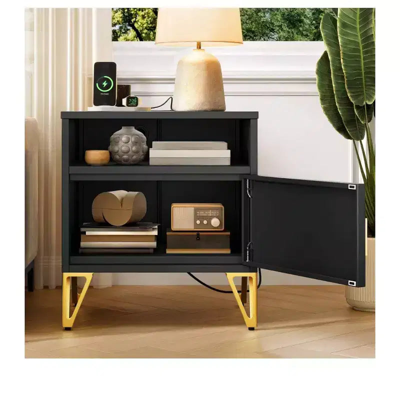 Modern Black Nightstands with Charging Station - Compact Bedside Tables for Living Room or Bedroom