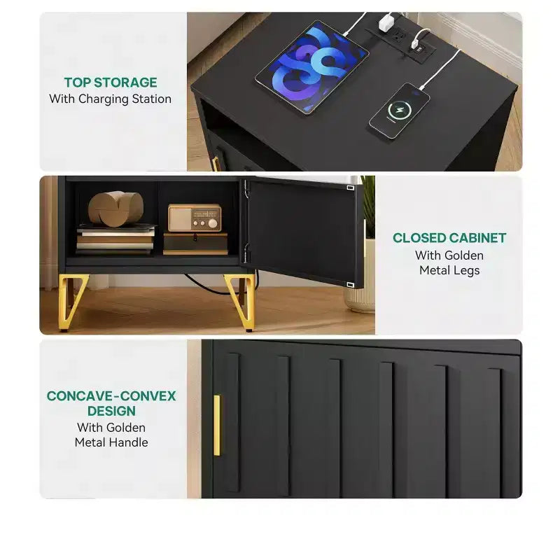 Modern Black Nightstands with Charging Station - Compact Bedside Tables for Living Room or Bedroom
