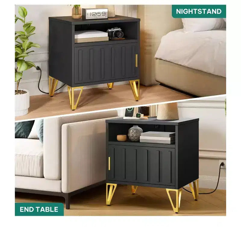 Modern Black Nightstands with Charging Station - Compact Bedside Tables for Living Room or Bedroom