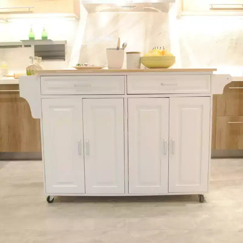 Okak Mobile Kitchen Island with Rubber Wood Top, Kitchen Cart with Ample Adjustable Shelf Inside Cabinet and Drawers, Rolling Kitchen Island, White