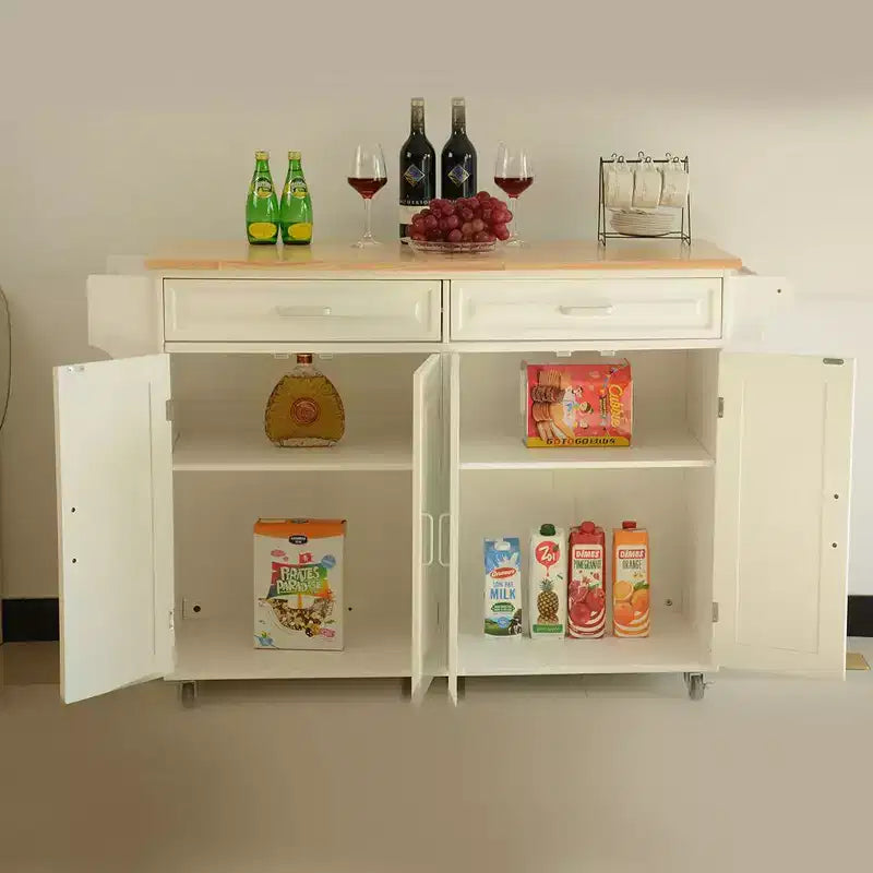 Mobile Kitchen Island with Rubber Wood Top, Kitchen Cart with Ample Adjustable Shelf Inside Cabinet and Drawers, Rolling Kitchen Island, White