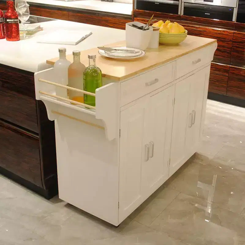 Mobile Kitchen Island with Rubber Wood Top, Kitchen Cart with Ample Adjustable Shelf Inside Cabinet and Drawers, Rolling Kitchen Island, White