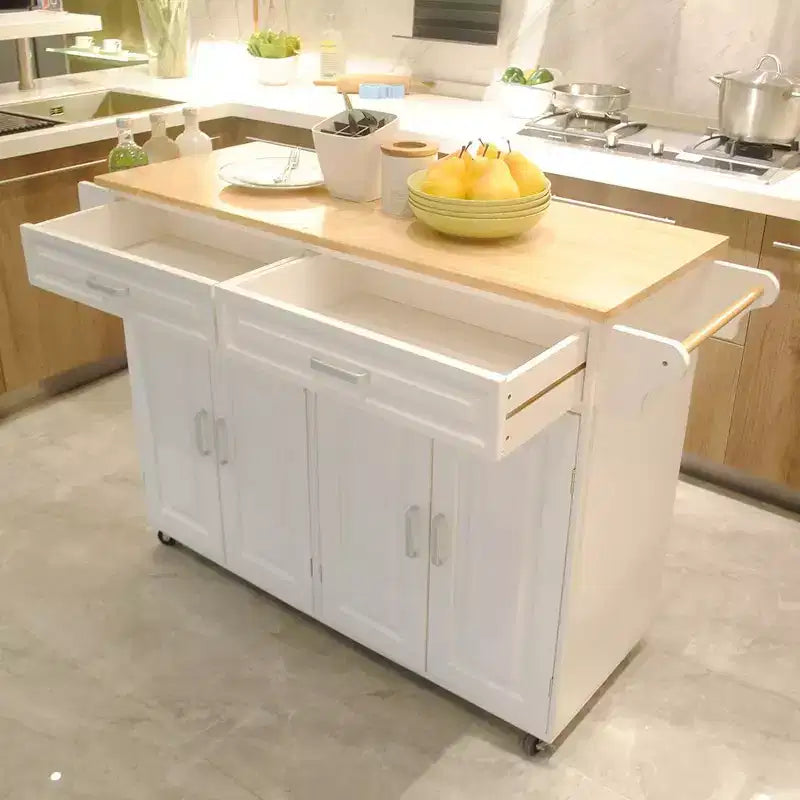 Mobile Kitchen Island with Rubber Wood Top, Kitchen Cart with Ample Adjustable Shelf Inside Cabinet and Drawers, Rolling Kitchen Island, White