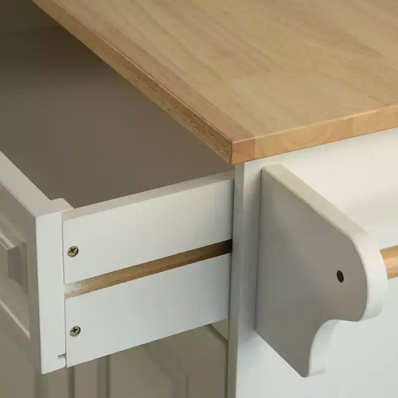 Mobile Kitchen Island with Rubber Wood Top, Kitchen Cart with Ample Adjustable Shelf Inside Cabinet and Drawers, Rolling Kitchen Island, White