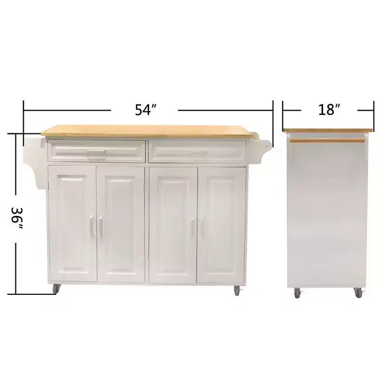Mobile Kitchen Island with Rubber Wood Top, Kitchen Cart with Ample Adjustable Shelf Inside Cabinet and Drawers, Rolling Kitchen Island, White