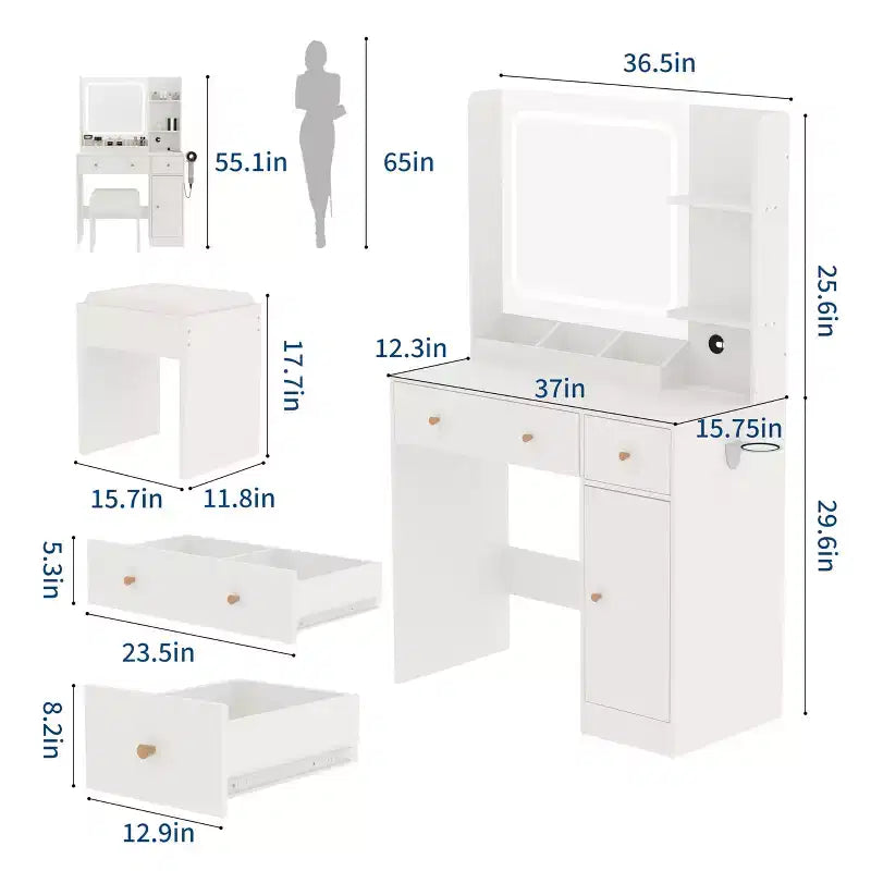 Makeup Vanity with Lights & Mirror, Vanity Table with Charging Station, Hair Dryer Holder, Storage Drawers & Shelves, Upholstered Stool