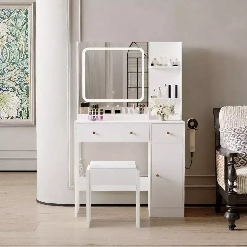 Makeup Vanity with Lights & Mirror, Vanity Table with Charging Station, Hair Dryer Holder, Storage Drawers & Shelves, Upholstered Stool