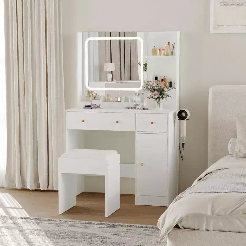 Makeup Vanity with Lights & Mirror, Vanity Table with Charging Station, Hair Dryer Holder, Storage Drawers & Shelves, Upholstered Stool