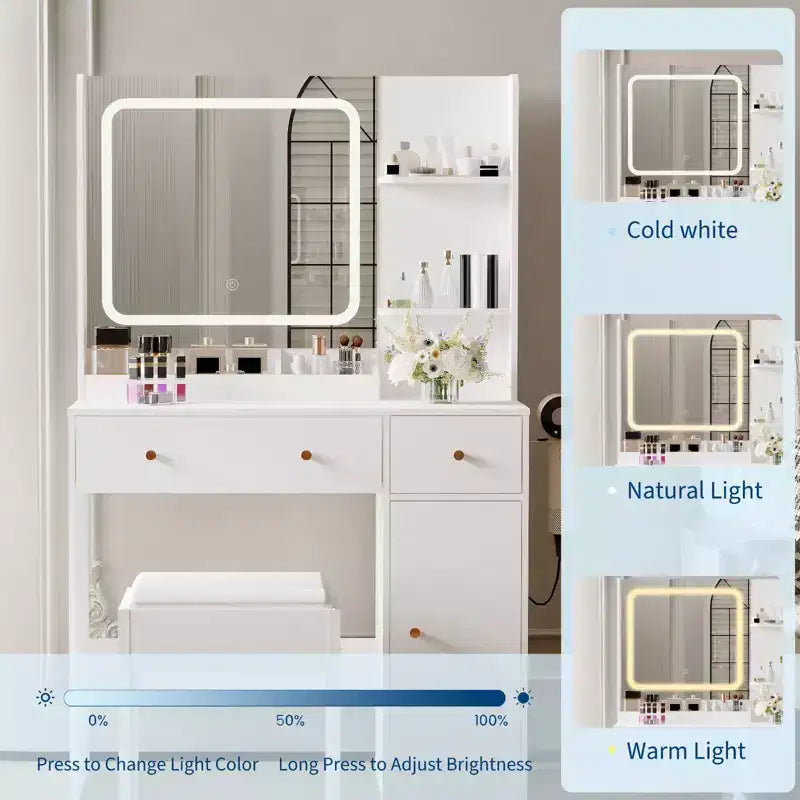 Makeup Vanity with Lights & Mirror, Vanity Table with Charging Station, Hair Dryer Holder, Storage Drawers & Shelves, Upholstered Stool