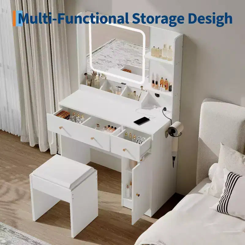 Makeup Vanity with Lights & Mirror, Vanity Table with Charging Station, Hair Dryer Holder, Storage Drawers & Shelves, Upholstered Stool