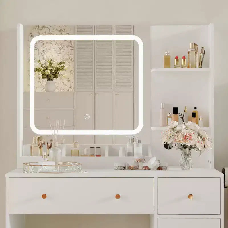 Makeup Vanity with Lights & Mirror, Vanity Table with Charging Station, Hair Dryer Holder, Storage Drawers & Shelves, Upholstered Stool