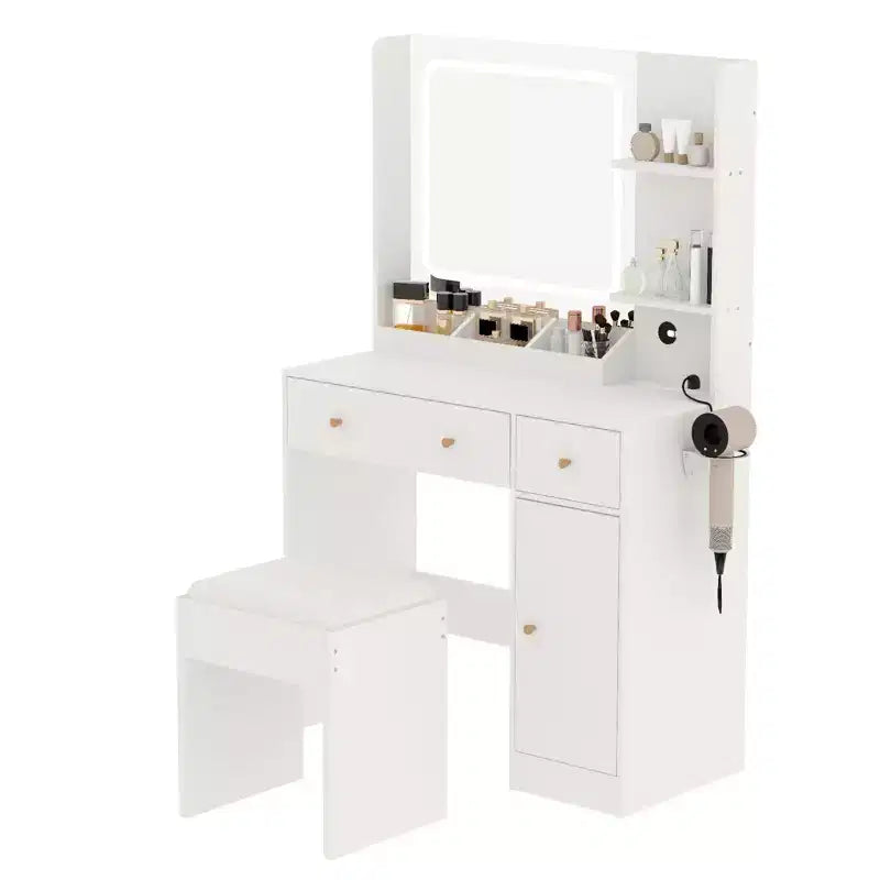 Makeup Vanity with Lights & Mirror, Vanity Table with Charging Station, Hair Dryer Holder, Storage Drawers & Shelves, Upholstered Stool