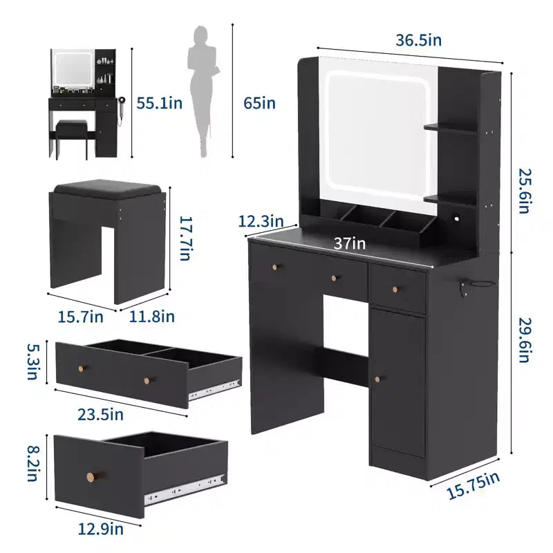 Makeup Vanity with Lights & Mirror, Vanity Table with Charging Station, Hair Dryer Holder, Storage Drawers & Shelves, Upholstered Stool