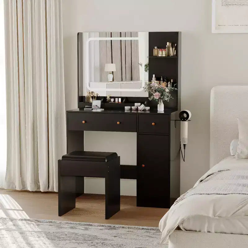 Makeup Vanity with Lights & Mirror, Vanity Table with Charging Station, Hair Dryer Holder, Storage Drawers & Shelves, Upholstered Stool