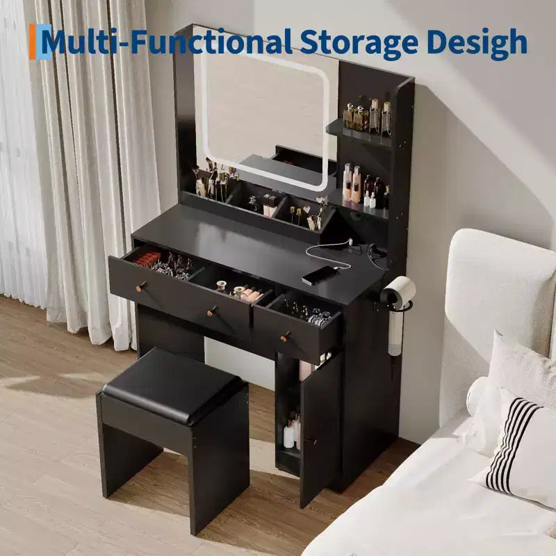 Makeup Vanity with Lights & Mirror, Vanity Table with Charging Station, Hair Dryer Holder, Storage Drawers & Shelves, Upholstered Stool