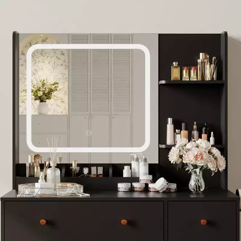 Makeup Vanity with Lights & Mirror, Vanity Table with Charging Station, Hair Dryer Holder, Storage Drawers & Shelves, Upholstered Stool