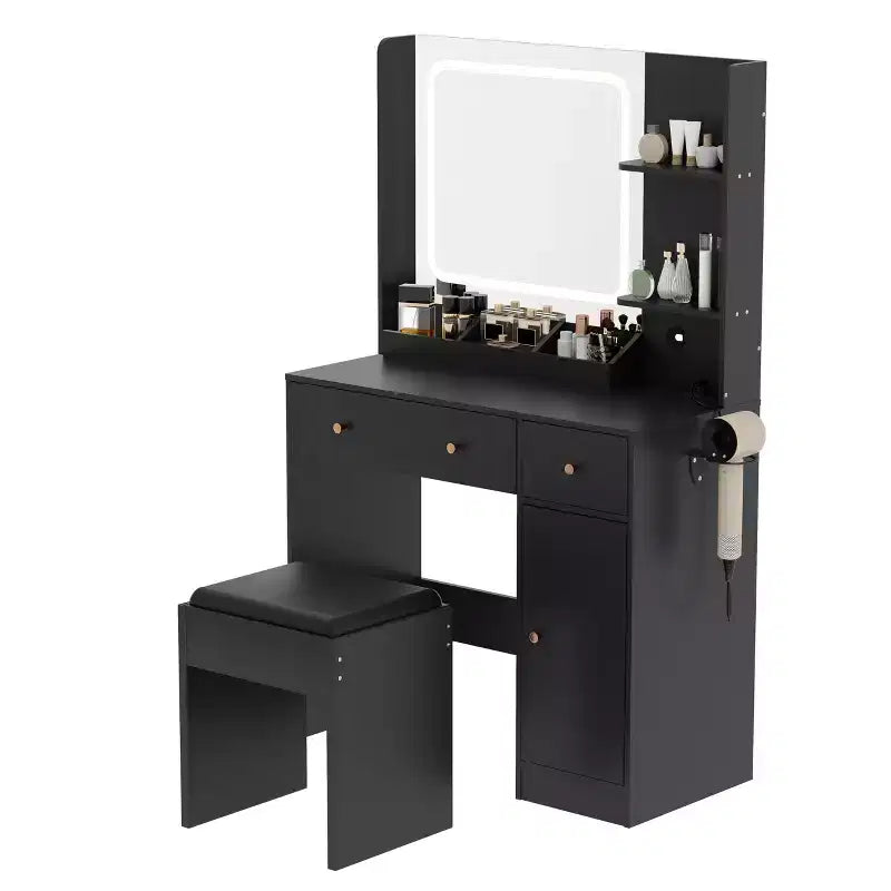 Makeup Vanity with Lights & Mirror, Vanity Table with Charging Station, Hair Dryer Holder, Storage Drawers & Shelves, Upholstered Stool