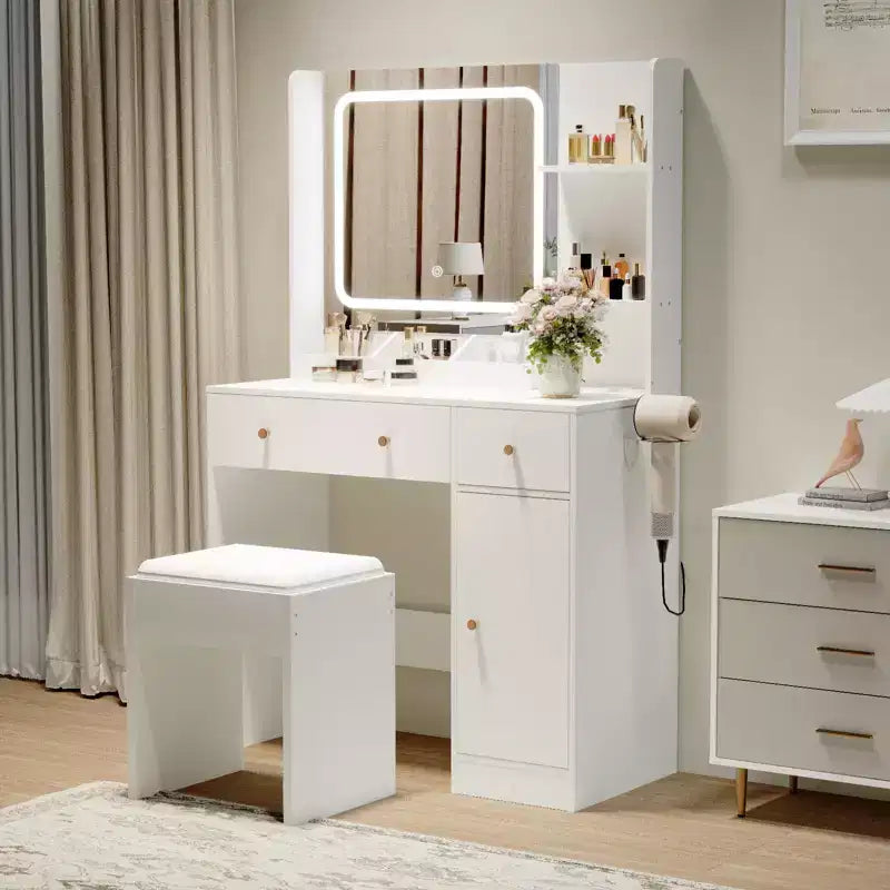 Makeup Vanity with Lights & Mirror, Vanity Table with Charging Station, Hair Dryer Holder, Storage Drawers & Shelves, Upholstered Stool