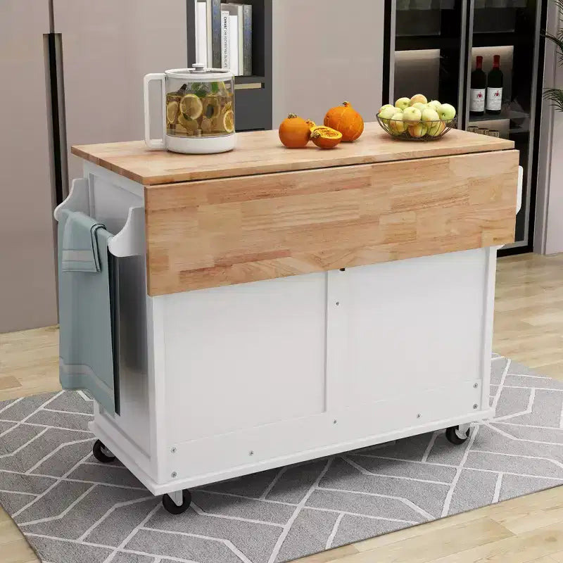 Kitchen Island with Rubberwood Drop-Leaf Countertop, Kitchen Cart with Concealed Sliding Barn Door and 2 Drawers, Countertop Organizer