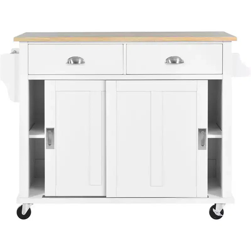 Kitchen Island with Rubberwood Drop-Leaf Countertop, Kitchen Cart with Concealed Sliding Barn Door and 2 Drawers, Countertop Organizer