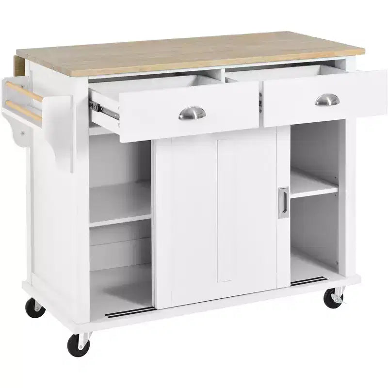 Kitchen Island with Rubberwood Drop-Leaf Countertop, Kitchen Cart with Concealed Sliding Barn Door and 2 Drawers, Countertop Organizer