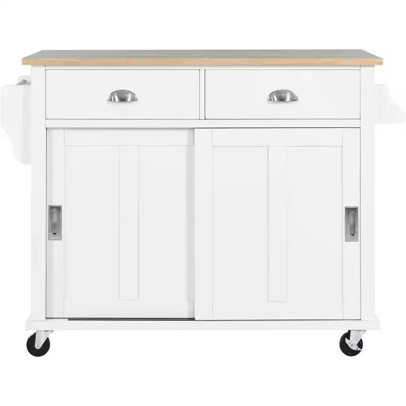 Kitchen Island with Rubberwood Drop-Leaf Countertop, Kitchen Cart with Concealed Sliding Barn Door and 2 Drawers, Countertop Organizer