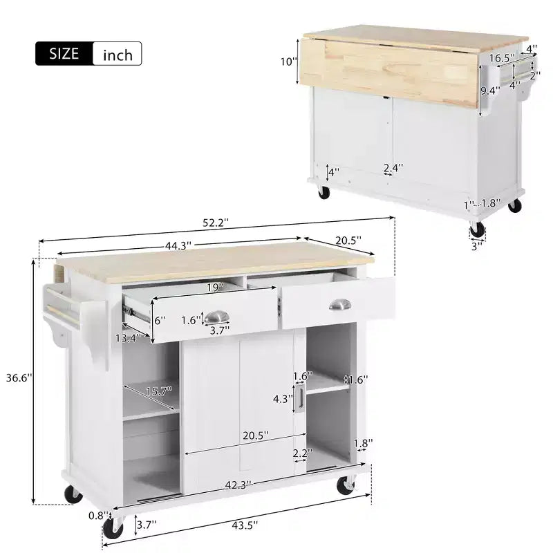 Kitchen Island with Rubberwood Drop-Leaf Countertop, Kitchen Cart with Concealed Sliding Barn Door and 2 Drawers, Countertop Organizer