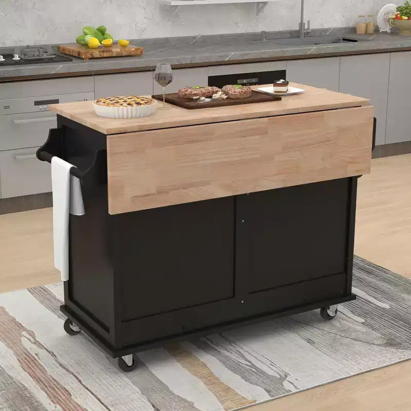 Kitchen Island with Rubberwood Drop-Leaf Countertop, Kitchen Cart with Concealed Sliding Barn Door and 2 Drawers, Countertop Organizer