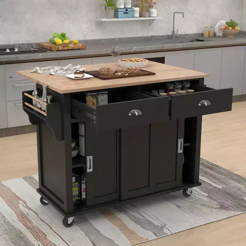 Kitchen Island with Rubberwood Drop-Leaf Countertop, Kitchen Cart with Concealed Sliding Barn Door and 2 Drawers, Countertop Organizer
