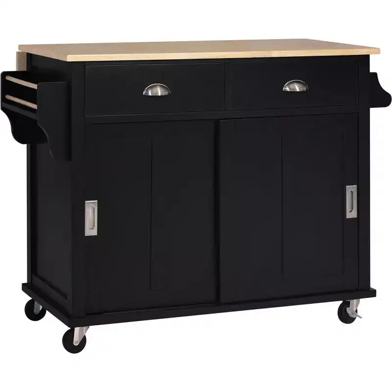 Kitchen Island with Rubberwood Drop-Leaf Countertop, Kitchen Cart with Concealed Sliding Barn Door and 2 Drawers, Countertop Organizer