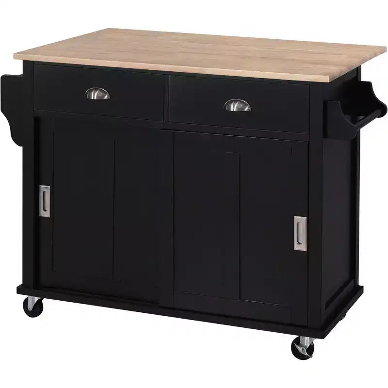 Kitchen Island with Rubberwood Drop-Leaf Countertop, Kitchen Cart with Concealed Sliding Barn Door and 2 Drawers, Countertop Organizer