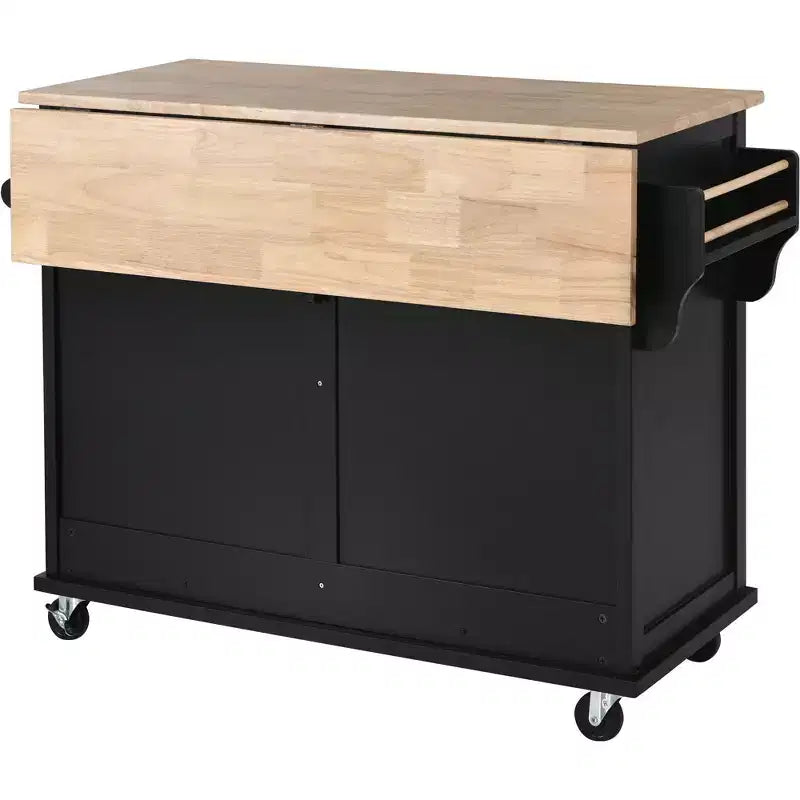 Kitchen Island with Rubberwood Drop-Leaf Countertop, Kitchen Cart with Concealed Sliding Barn Door and 2 Drawers, Countertop Organizer