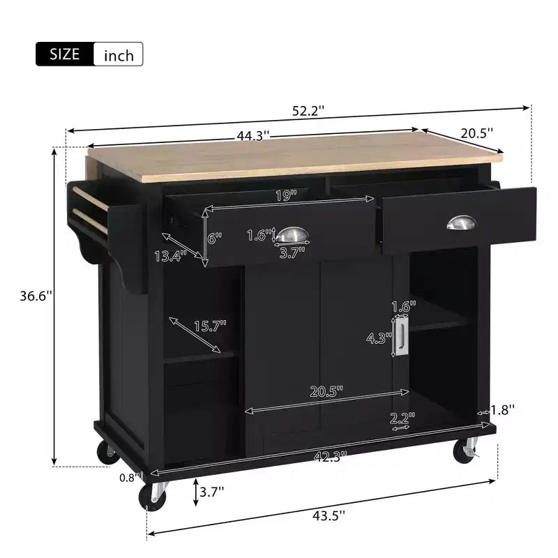 Kitchen Island with Rubberwood Drop-Leaf Countertop, Kitchen Cart with Concealed Sliding Barn Door and 2 Drawers, Countertop Organizer