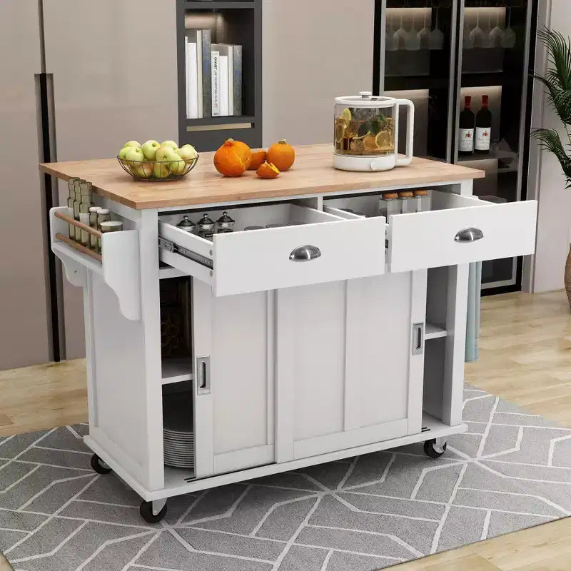 Kitchen Island with Rubberwood Drop-Leaf Countertop, Kitchen Cart with Concealed Sliding Barn Door and 2 Drawers, Countertop Organizer