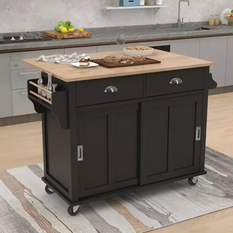 Kitchen Island with Rubberwood Drop-Leaf Countertop, Kitchen Cart with Concealed Sliding Barn Door and 2 Drawers, Countertop Organizer