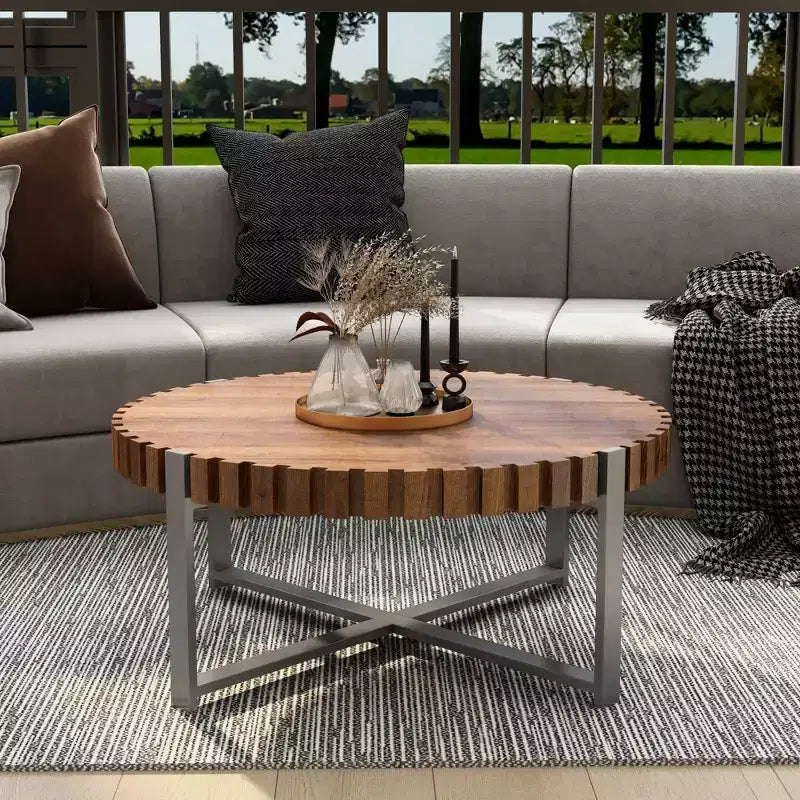 GDFStudio Alvarez Modern 31.50W Wooden Handmade Drum Shaped Coffee Table