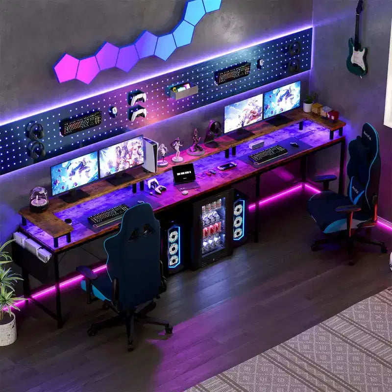 L Shaped Gaming Desk with Power Strip & LED Lights, Reversible U Shape Computer Desk with Monitor Stand, Large Corner Workstation