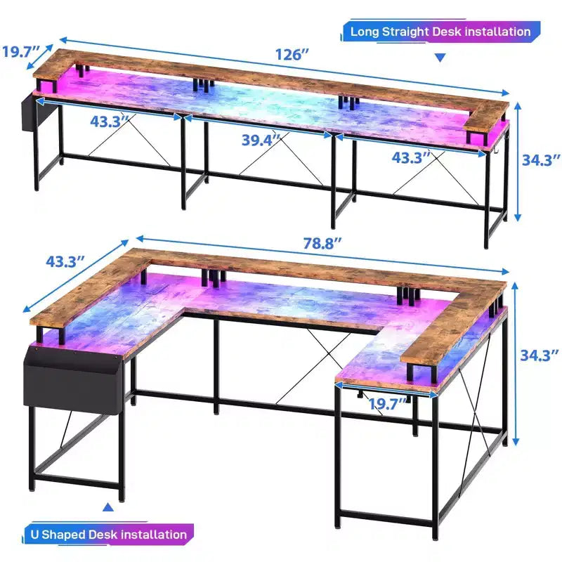 L Shaped Gaming Desk with Power Strip & LED Lights, Reversible U Shape Computer Desk with Monitor Stand, Large Corner Workstation