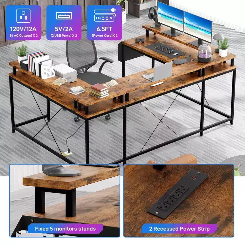 L Shaped Gaming Desk with Power Strip & LED Lights, Reversible U Shape Computer Desk with Monitor Stand, Large Corner Workstation